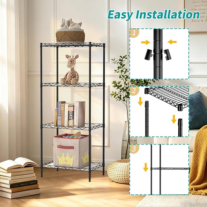 BestOffice | 4-Tier Wire Storage Shelves | 12"D x 18"W x 44"H | Black | with Adjustable Racks PP Liners | Compact Metal Shelf, Holds Upto 600 lbs | Ideal for Kitchens Closets Bathrooms Small Corners