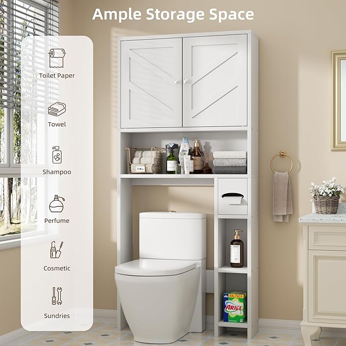 Shintenchi Over the Toilet Storage Cabinet, Bathroom Storage Cabient with Barn Doors, Bathroom Storage Shelf Organizer with Toilet Paper Holder, Adjustable Shelf and Anti-Tip Device, White