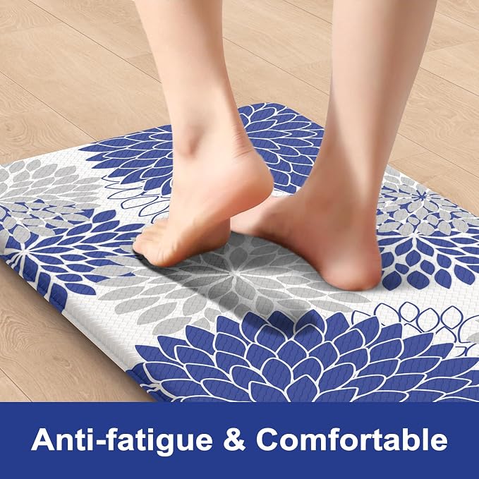 Anti Fatigue Kitchen Mats 2PCS,Boho Dahlia Kitchen Rugs Non Slip Rubber Backing, Farmhouse Waterproof Kitchen Mat for Floor,Cushioned Standing Mat for Kitchen,Laundry,Sink,Desk,Blue
