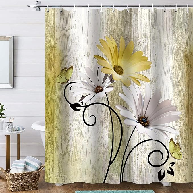 Onalasyc 4PCS Yellow Daisy Flowers Butterfly Shower Curtain Set with Shower Curtain and Carpet and Accessories, Waterproof Bathroom Shower Curtain Decorative Set with 12 pcs Hooks,71 x 71in