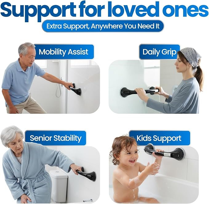 Safe-er-Grip Changing Lifestyles Suction Cup Balance Assist Bar for Bathtubs & Showers; Safety Bathroom Grab Bar Handle, All Black, 12 inches