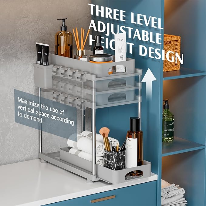 VERIFOST 2 Pack Adjustable Gray Under Sink Organizers, 2 Tier Pull Out Storage, Kitchen Bathroom Office Laundry Room Living Room