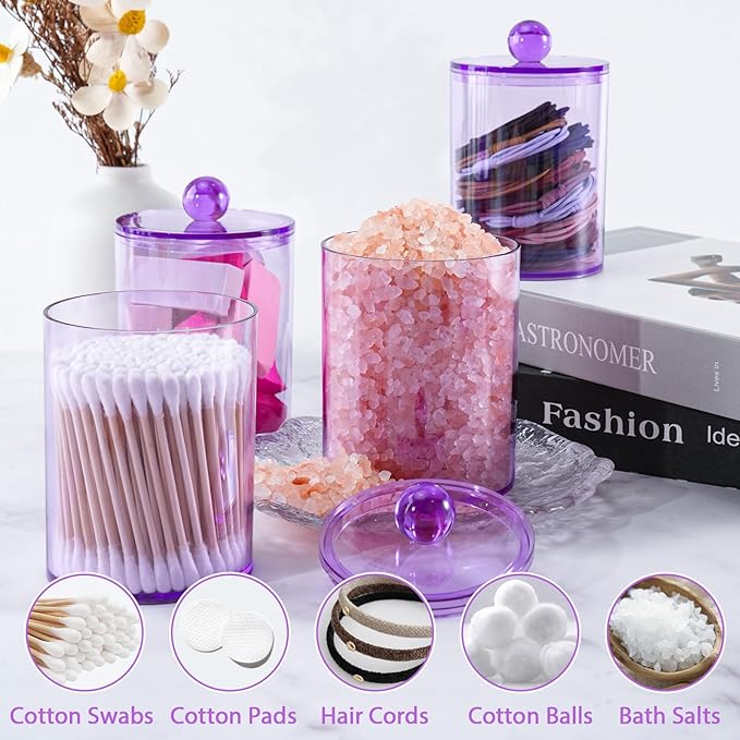 XIPENGKEJI 2 Pack Qtip Holder,Canister Apothecary Jar Set, Bathroom Jars with Lids Set for Cotton Swabs, Balls, Pads, Floss Picks,10oz-12oz Plastic Canisters Restroom Bedroom Vanity Organizer(Purple)