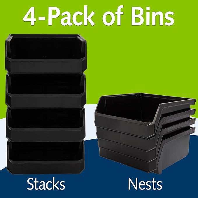 ReadySpace Plastic Containers for Organizing and Storage Bins for Drawers, Desks, Office Organization, and Garage, Stackable Bins, Medium-Wide (5" x 11" x 11"), 4-Pack, Black
