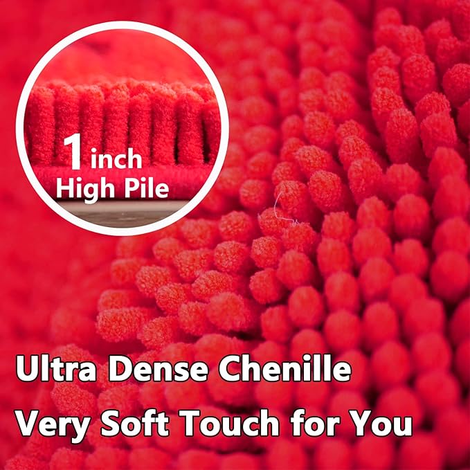 BOANKODU Bathroom Rugs Chenille 3-Piece Extra Soft and Absorbent Shag Bathroom Rugs, Machine Wash Mat, Strong PVC Non-Slip Underside, Plush Carpet Mats (Red)