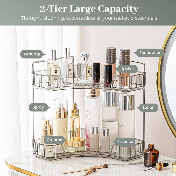 Aveniee Corner Bathroom Counter Organizer, Bathroom Countertop Shelf Makeup Organizer for Vanity Perfume Tray for Corner Storage (2 Tiers, Grey)
