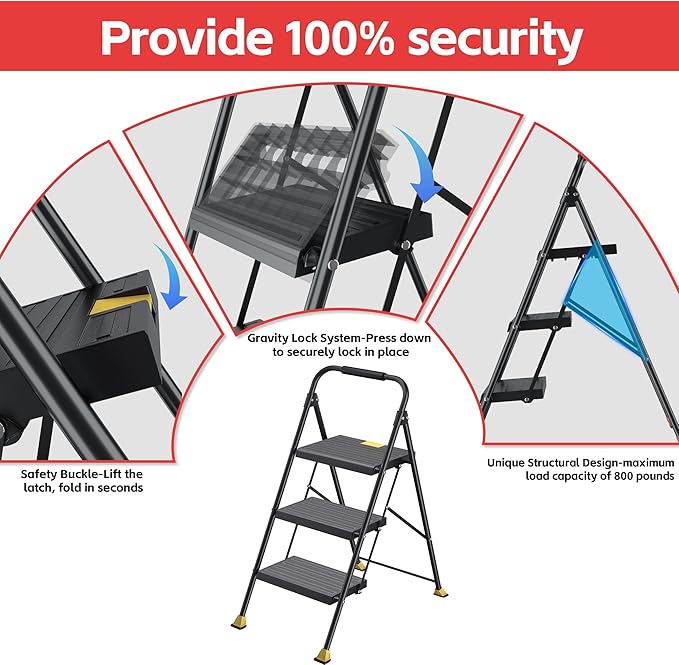 DIAMONDFORGE 3 Step Foldable Step Ladder with Handrails for Home Adults, Iron, Black, Tall Extension Heavy Duty 800 lbs Stool for Indoor Kitchen & Closet