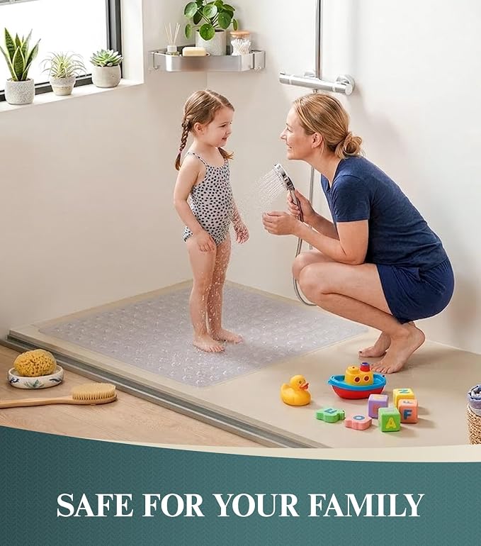 HITSLAM 21x21 Inch Square Shower Mat Non Slip, Anti Slip Bathtub Mat with Strong Suction Cups & Drainage Holes, Machine Washable Bathroom Floor Mat for Inside Shower Stall and Tub, Clear