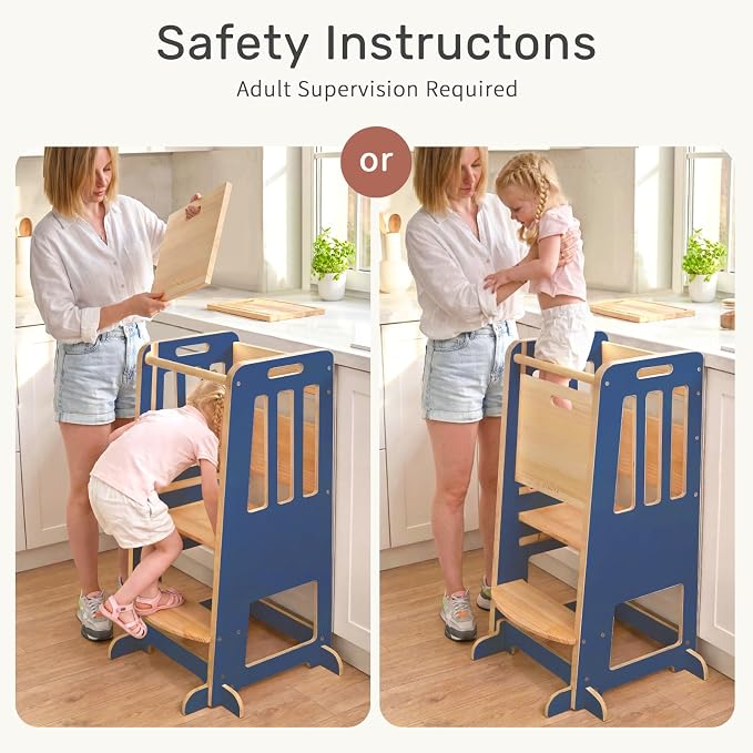WINGYZ Toddler Tower - Anti-Tip Natural Wood Learning Stool Helper for Kids 18M-6Y, 150lb Capacity Kitchen Stool with 3-Height Adjustable Platform and Sliding Door Access, 20lb Portable Design, DK BLU