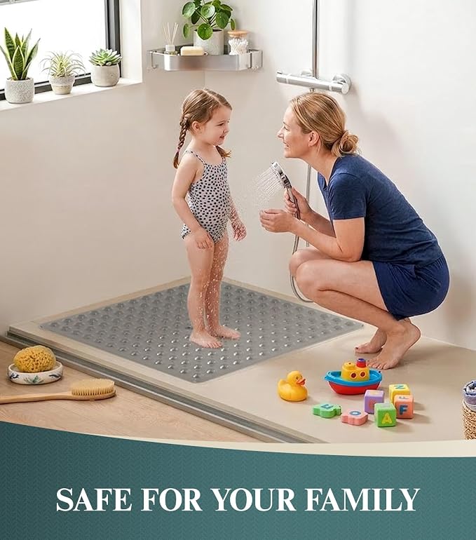 HITSLAM 21x21 Inch Square Shower Mat Non Slip, Anti Slip Bathtub Mat with Strong Suction Cups & Drainage Holes, Machine Washable Bathroom Floor Mat for Inside Shower Stall and Tub, Grey