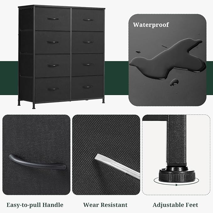 8-Drawer Dresser for Bedroom, Anti-Tip Tall Storage Organizer Chest of Drawers with Wooden Top and Metal Frame Fabric Bins for Closet, Living Room, Hallway, Entryway, Black