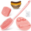 Silicone Back/Body/Face Scrubber & Lymphatic Contour Face Brush Set 4PCS, 13.4'' Soft Back Scrubber, 360° Anti-Slip Bath Glove, Unique Side-bristled Face Scrubber for All-Round Cleaning(Pink)