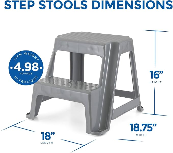 Gracious Living 16-Inch Tall Plastic 2 Step Stool, Portable Dual Step Ladder Foot Stool for Kitchen, Bathroom, Bedroom, and Garage, Gray (4 Pack)