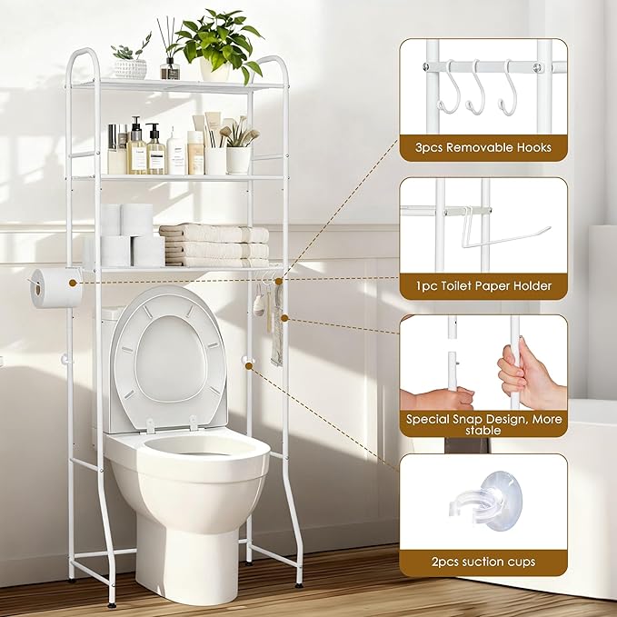 3-Tier Over The Toilet Storage Rack - Freestanding Bathroom Shelf Organizer with Toilet Paper Holder & 3 Hooks, Space-Saving Sturdy Rust-Resistant Design, 62" H White