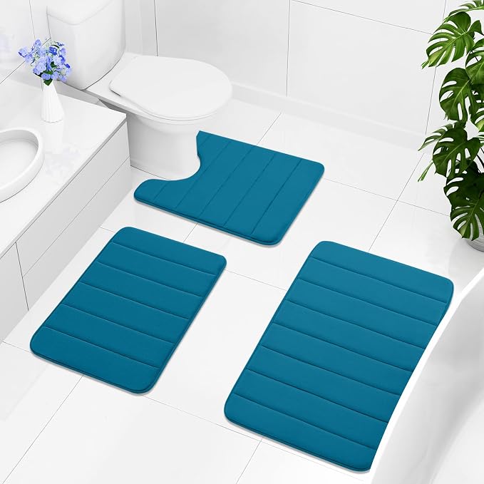 Buganda Memory Foam U-Shaped Contour Toilet Rugs, Non Slip Absorbent, Thick Soft Washable Bathroom Mat, Floor Carpet Bath Rugs Mat for Toilet Base (20" x 20", Peacock Blue)