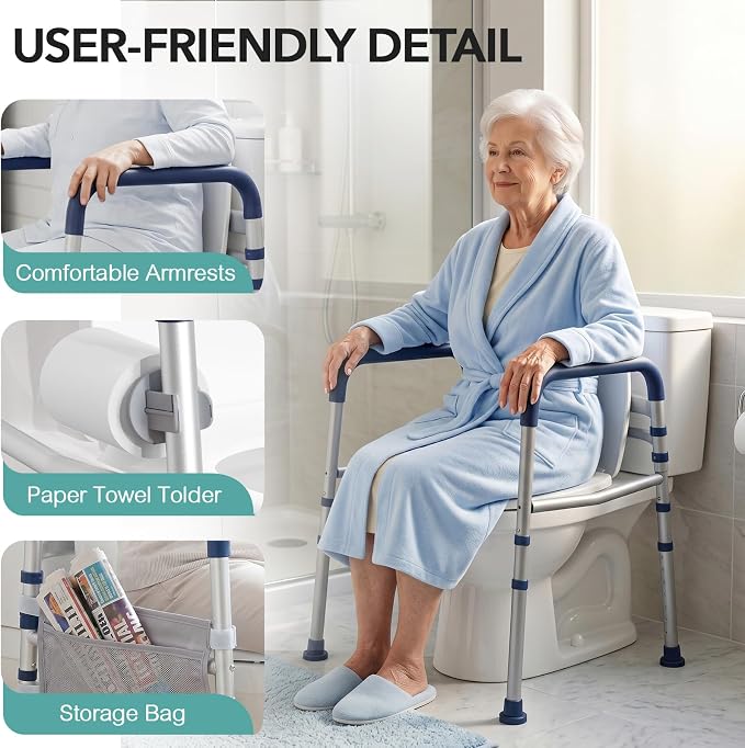 HOMENURSE Toilet Safety Rails for Seniors (350 lb), Adjustable Height & Width Toilet Safety Frame for Elderly, Disabled, Foldable Handicap Toilet Handles with Suction Cups, Fits Most Toilets