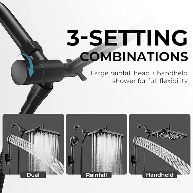 Wide Rain Shower Head With 5 Modes Handheld Showerheads, High Pressure Showerhead Combo with Extension Arm for Bathroom Accessories, Adjustable Shower Head with Anti-Clog Nozzles (Black)