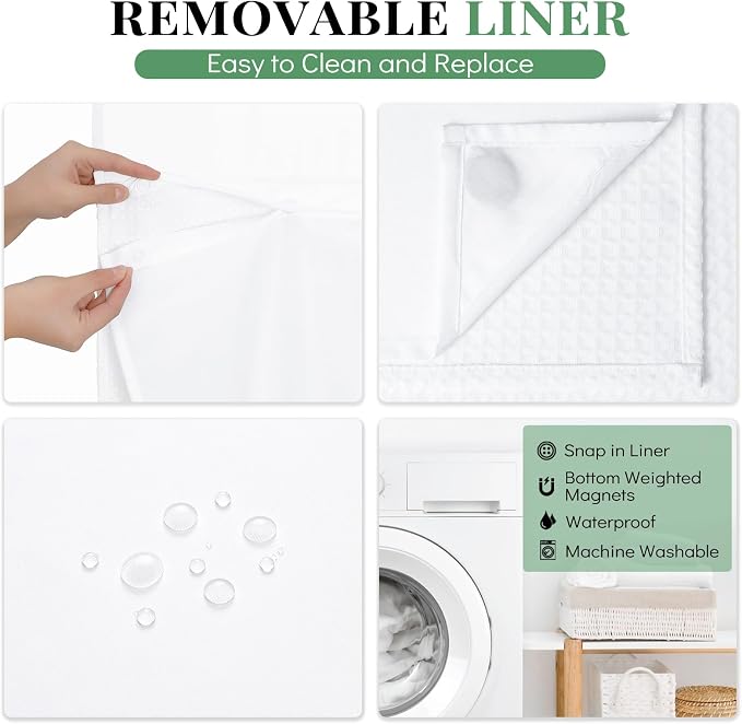 Dynamene Extra Long Shower Curtain, 84 Inch Long Waffle Fabric Shower Curtain for Bathroom, Tall Waterproof Cloth Shower Curtain Liner Set with Hook, Snap in Liner, Mesh Top Window, White, 72x84