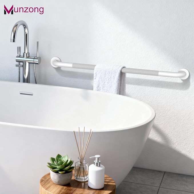 3 Pack Anti Slip Shower Grab Bar for Commercial, Munzong 18" 36" 42" White Bathroom Grab Bar Bundle,1.25" Diameter Handicap Balance Bar,Stainless Steel Safety Hand Rail for Elderly Assist Bath Handle
