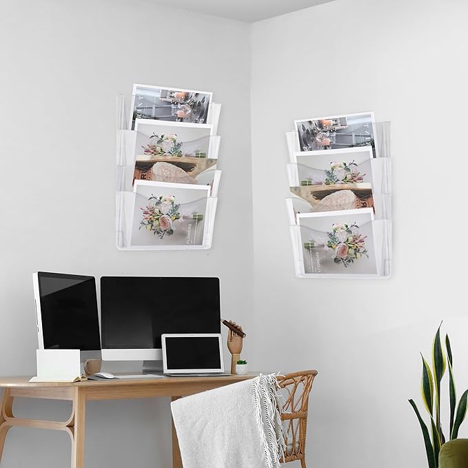 EASEPRES 6 Pack Clear Single Pocket Hanging File Organizer, Plastic Wall Mount Paper Mails Magazines Holder, Mounted Folder Bins for Office School and Home, 13.85x3.14x6.88 inches