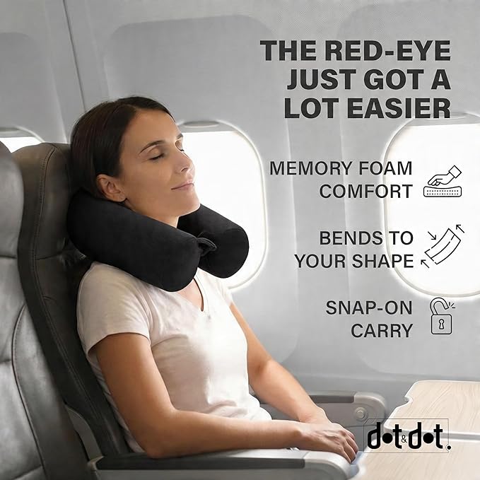 Dot&Dot Twist Memory Foam Travel Pillow for Airplanes - Travel Neck Pillow for Sleeping - Airplane Pillow for Neck Support, Chin, Lumbar and Leg - Adjustable, Bendable Neck Roll Pillow (Onyx)