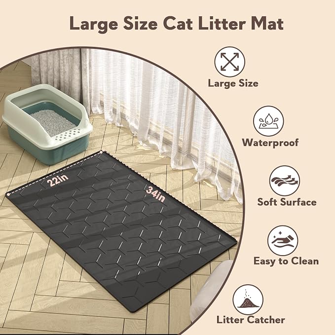 Garoopion Silicone Cat Litter Trapping Mat, Large Waterproof 34.05×22.5 inch Cat Litter Box Mat, Easy to Clean, Black
