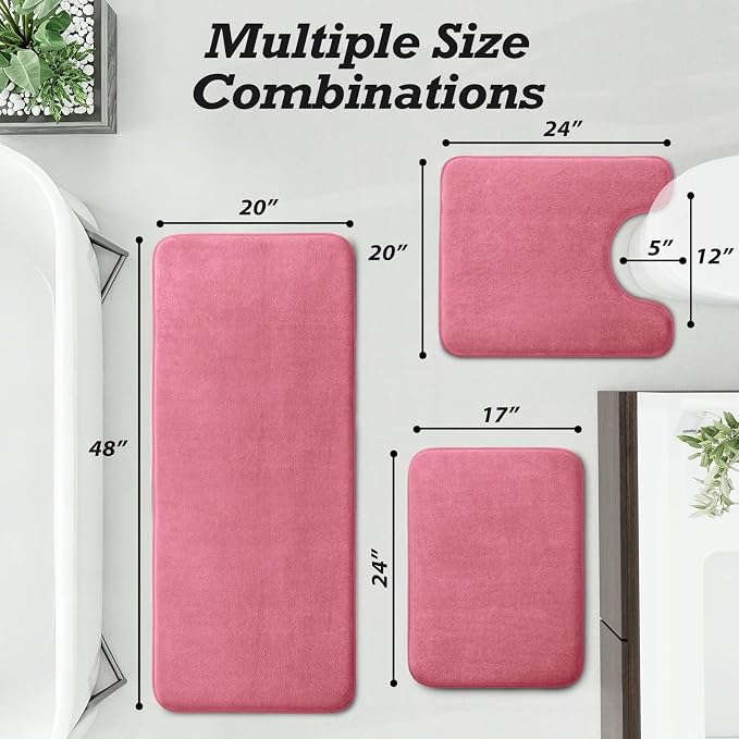 HUXMEYSON Bathroom Rugs Sets 3 Piece, Non-Slip & Quick Dry Bath Mat Set, Ultra Soft Velvet Bath Rugs for Bathroom, Toilet and Shower Floor, Pink