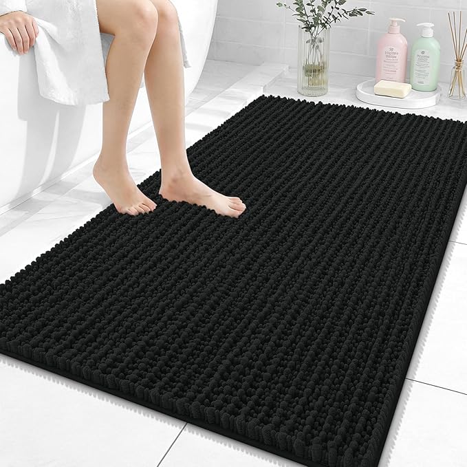 OLANLY Bathroom Rug Mat 44x32, Thick Soft and Absorbent Chenille Bath Mat, Non-Slip Rubber Backing, Machine Washable Quick Dry Bath Rugs for Tub Shower Floor, Home Decor Accessories, Black
