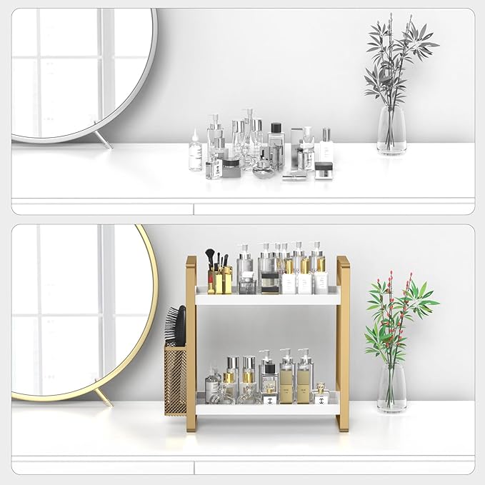 LEMIKKLE Bathroom Counter Organizer with Basket, Perfume,Makeup Organizers for Vanity,Storage Organizers for Bathroom, Kitchen, Dresser（White）