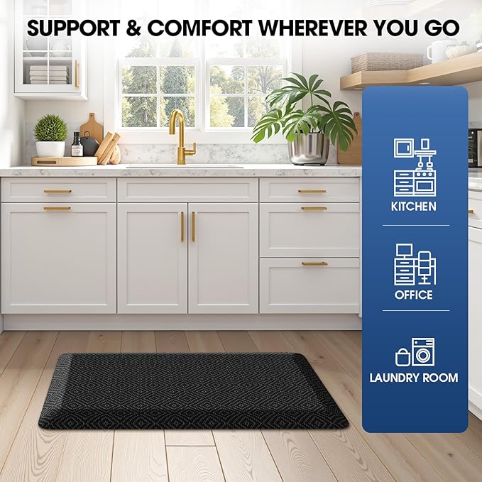 Mattitude 4/5 Inch Thick Kitchen Mat Cushioned Anti-Fatigue Floor Mat Water Resistant Non-Slip Mats and Rugs Standing and Comfort Desk Mats for House Sink Office Laundry (Black, 17.3"x28")