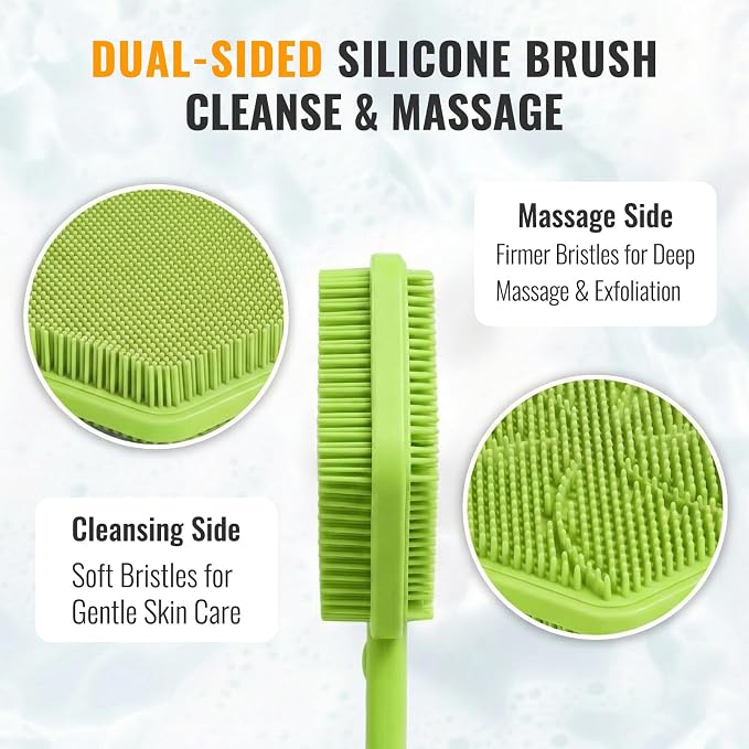 AIMAIAIMAI Silicone Back Scrubber for Shower – 21in Extendable Shower Brush with Long Handle – Dual-Sided Back Brush with Non-Slip Grip, Gentle Cleansing & Exfoliation for Men, Women, Elderly (Green)