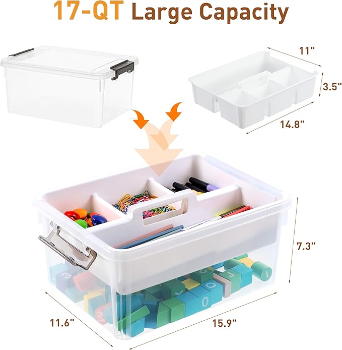 Citylife 17 QT Plastic Storage Bins Clear Storage Box with Removable Tray Stackable Latching Box with Handle for Organizing Tool, Craft, Office, Bead