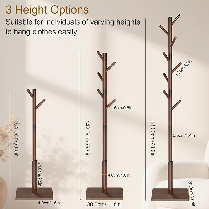 Coat Rack Freestanding with Stable Square Base, Entryway Furniture with 3 Adjustable Sizes and 8 Hooks, Used in Bedroom, Office and Hallway, Brown