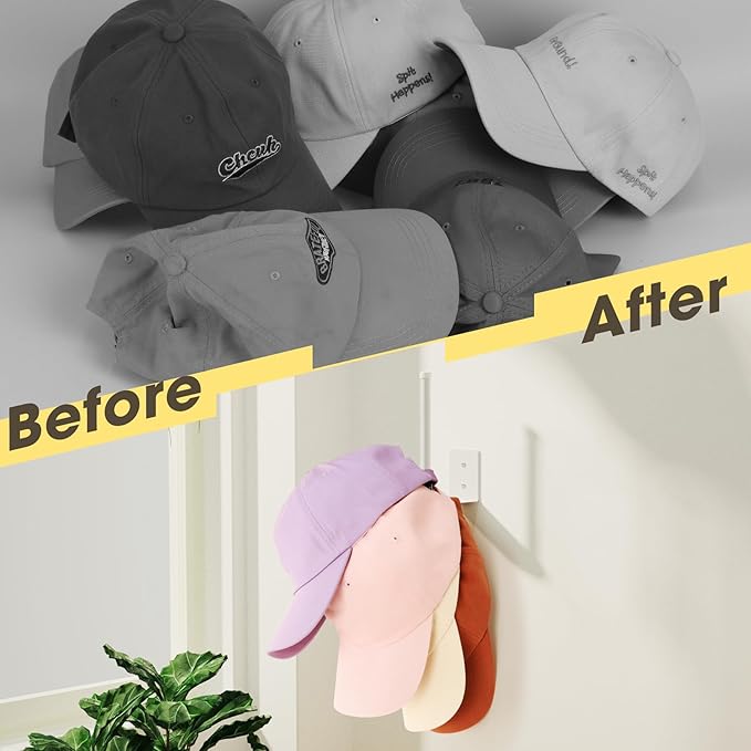 Durmmur 8 Pack Hat Racks for Baseball Caps, Stainless Steel Hat Organizer for Baseball Cap, Hat Holder Storage Organizer, Hat Hanger Strong Adhesive/Wall Drilled for Door, Bedroom, Closet(White 6 in)