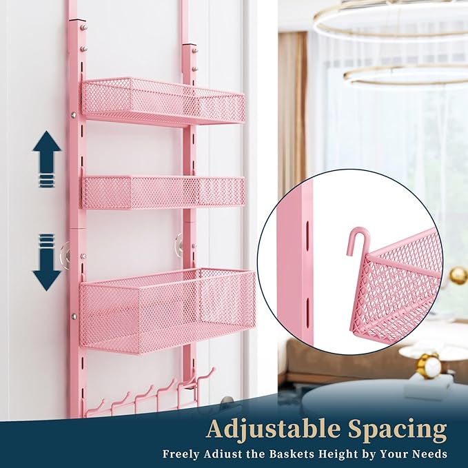 Consumest Over The Door Hooks Organizer - 4 Tier Door Coat Rack with 3 Baskets and 12 Hooks, Stainless Steel Towel Hanger for Bedroom, Bathroom, Living Room, Pink