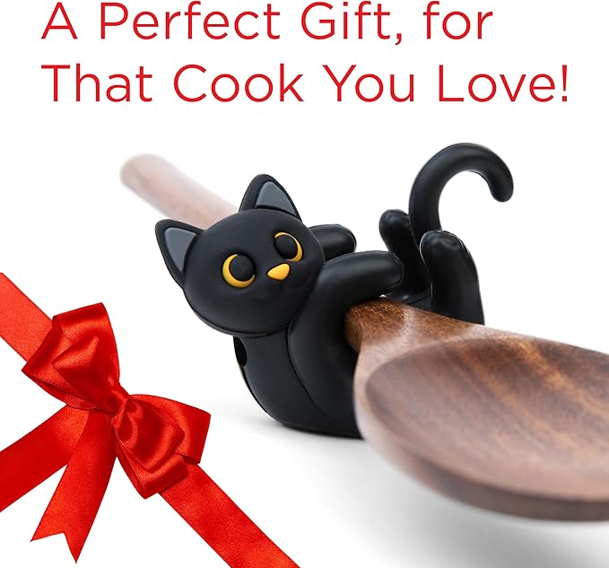 Black Cat Spoon Rest for Stove Top – Silicone Pot Clip Utensil Holder & Lid Lifter – Funny Kitchen Gadget, Unique Witchy Cat Gifts for Women & Halloween – 3" x 2.5"