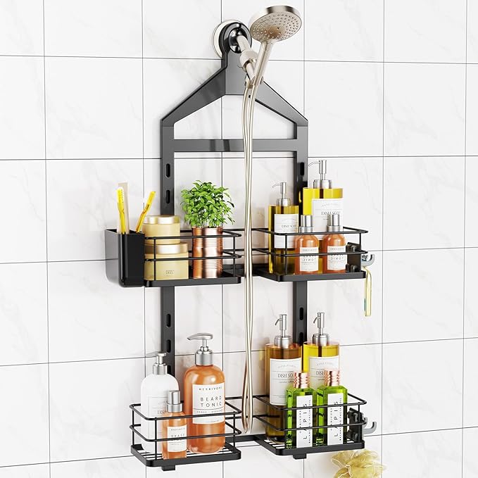 ODesign 2 Tier Height-Adjustable Partition Shower Caddy Hanging Anti-Swing-Over The Shower Head Caddy Storage Organizer Bathroom Shelves Basket-Black