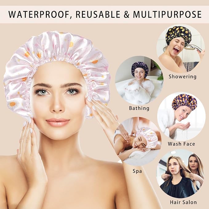 4 PCS Shower Cap for Women, Elastic and Reusable Bath Caps, Double Layers Shower Caps Reusable Waterproof, Bathing Shower Caps, Environmental Bath Hair Protection Cap - Ginkgo Leaf