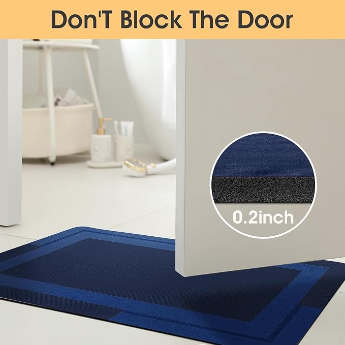 ACCUMTEK Non Slip Bath Mat, Thin Bathroom Rugs Fit Under Door, Quick Dry Bath Mats, Machine Washable Bath Rugs for Bathroom, Bathtub & Kitchen, Dark Blue/Bordered/24 x17+48"x20"