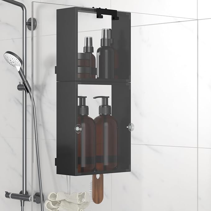 Over the Glass Shower Caddy Hanging, 2 Tier Stainless Steel Rustproof Shower Organizer Over Door with Removeable 4 Hooks & 2 Suction Cup, Bathroom Organizers and Storage Rack, Bathroom Decor - Black