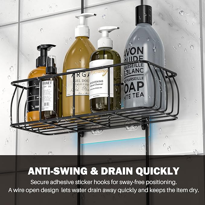 Epicano Shower Caddy Hanging Over Head, Matte Black,Stainless Steel | Rustproof,4 Hooks for Towels,Sponge and & Bathroom Accessories,Anti-Swing Suction Cups & Adhesive hooks