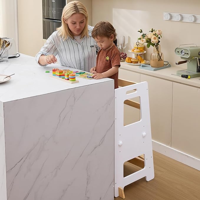 WOOD CITY Kitchen Step Stool - Safe Montessori Standing Tower for Kids with Safety Rail, Height Adjustable Toddler Ideal Helper for Learning New Skills, Anti-Slip Protection for Bathroom - White