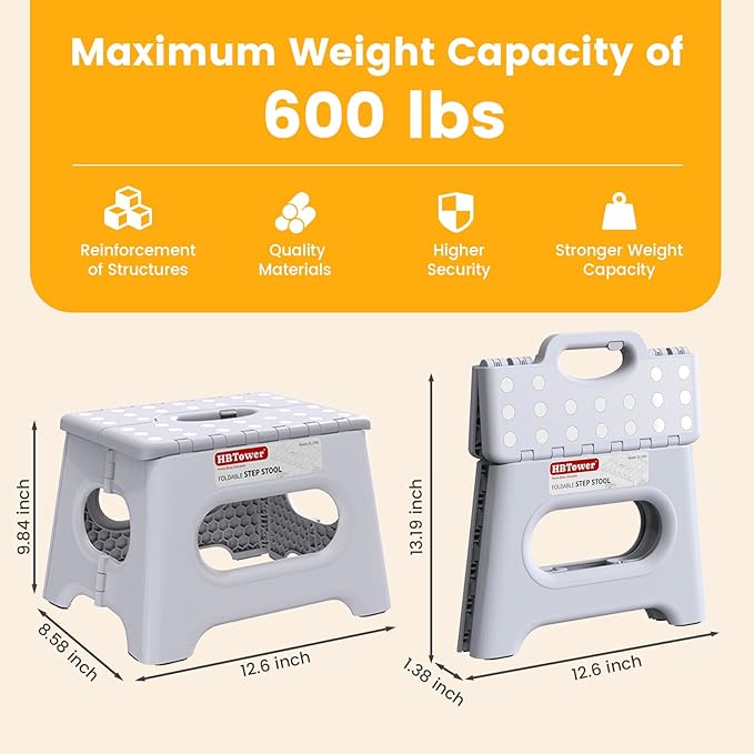 HBTower Folding Step Stool 9 Inch - Holds 600 lb, Non-Slip Surface & Carry Handle - Sturdy Step Stool for Kids, Toddlers & Adults - Compact Foldable Foot Stool for Kitchen, Bathroom, Bedroom(White)
