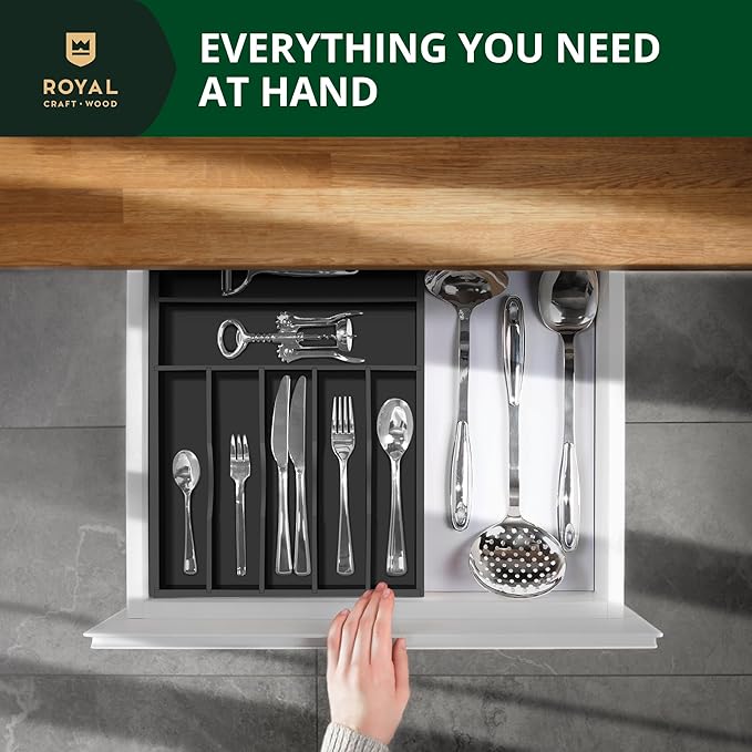 Luxury Bamboo Kitchen Drawer Organizer - Silverware Organizer - Utensil Holder and Cutlery Tray with Grooved Drawer Dividers for Flatware and Kitchen Utensils (7 Slot, Black)