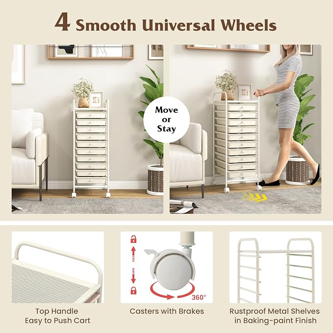 10-Drawer Rolling Storage Cart, Trolley w/Lockable 360° Wheels, 10 Removable PP Drawers, Sturdy Metal Frame, Rolling Utility Cart Perfect for Home, Office, Classroom (Ivory)