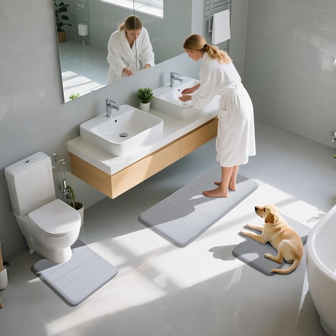 Yimobra 3 Pieces Memory Foam Bath Mat Set with U-Shaped Toilet Rug - Non Slip Super Soft Absorbent Quick Dry Bathroom Rugs for Bathtub, Vanity & Toilet Base, Silver