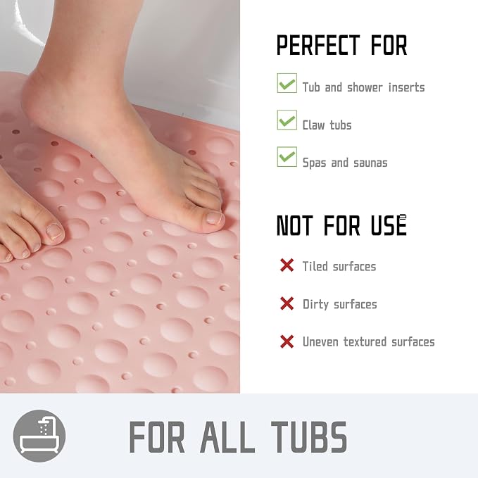 Yimobra Non Slip Bathtub Mat 40 x 16 Inch, Extra Long Shower Mat with Drain Holes, Machine Washable Baby Bath Mats, Strong Suction Cups for Bathroom Floor, Pink