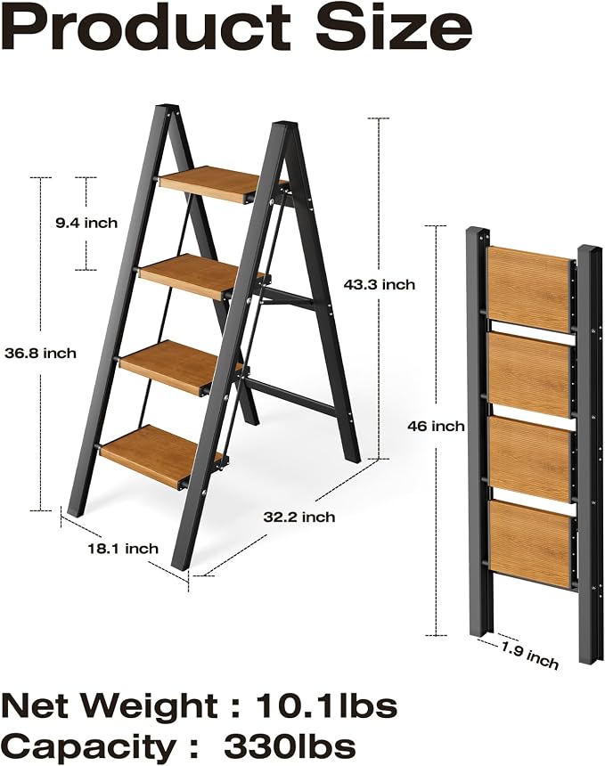 Taranta 4 Step Ladder,Aluminum Lightweight Folding 4 Step Stool with Anti-Slip Wide Pedal, 330lbs Capacity Step Ladder for Household,Kitchen,Office - BlackWoodgrain