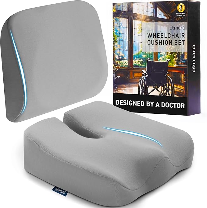Elmara Doctor-Designed Wheelchair Seat Cushion Set – The Ultimate Comfort Solution – Thick Wheelchair Cushions Relieve Back & Sciatica Pain – Wheel Chair Cushions for Seniors, Wheelchair Pad (Gray)