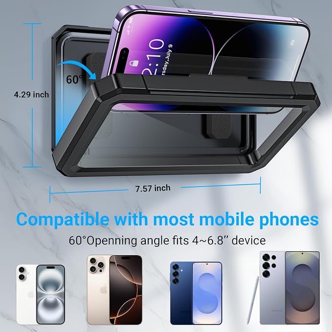 Coolpow Shower Phone Holder Waterproof【480°Rotatable】Retractable Adjustable Shower Phone Case Shower Stall Accessories for Bathroom Wall Phone Mount Stand Water Proof Anti Fog Case for 4-7"Cellphones